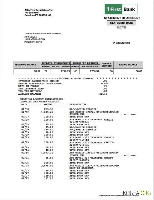 Modèle Word et PDF de relevé de compte Puerto Rico 1 First Bank